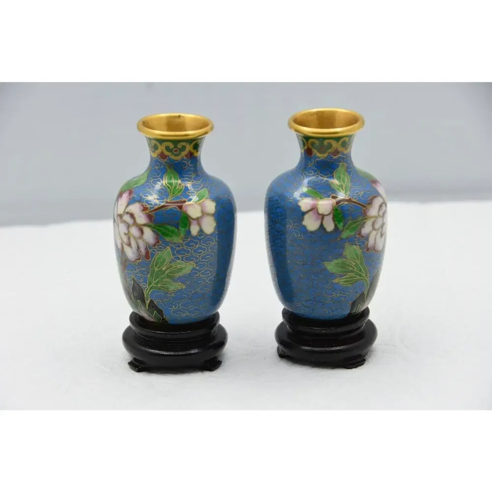 Miniature Chinese Cloisonne Urn Vase on Stands, Set of 2
